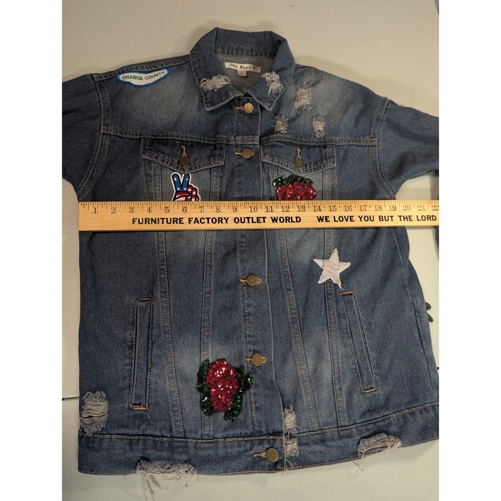 Say What? Oversized Denim Jacket XS Sequin Tiger Rose Patches Distressed Jean - Picture 6 of 16
